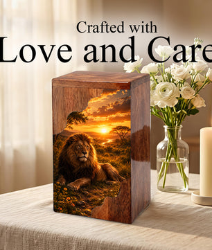 Lion Wooden Cremation Urn – Wooden Urn for Human Ashes | Memorial Urn for Dad