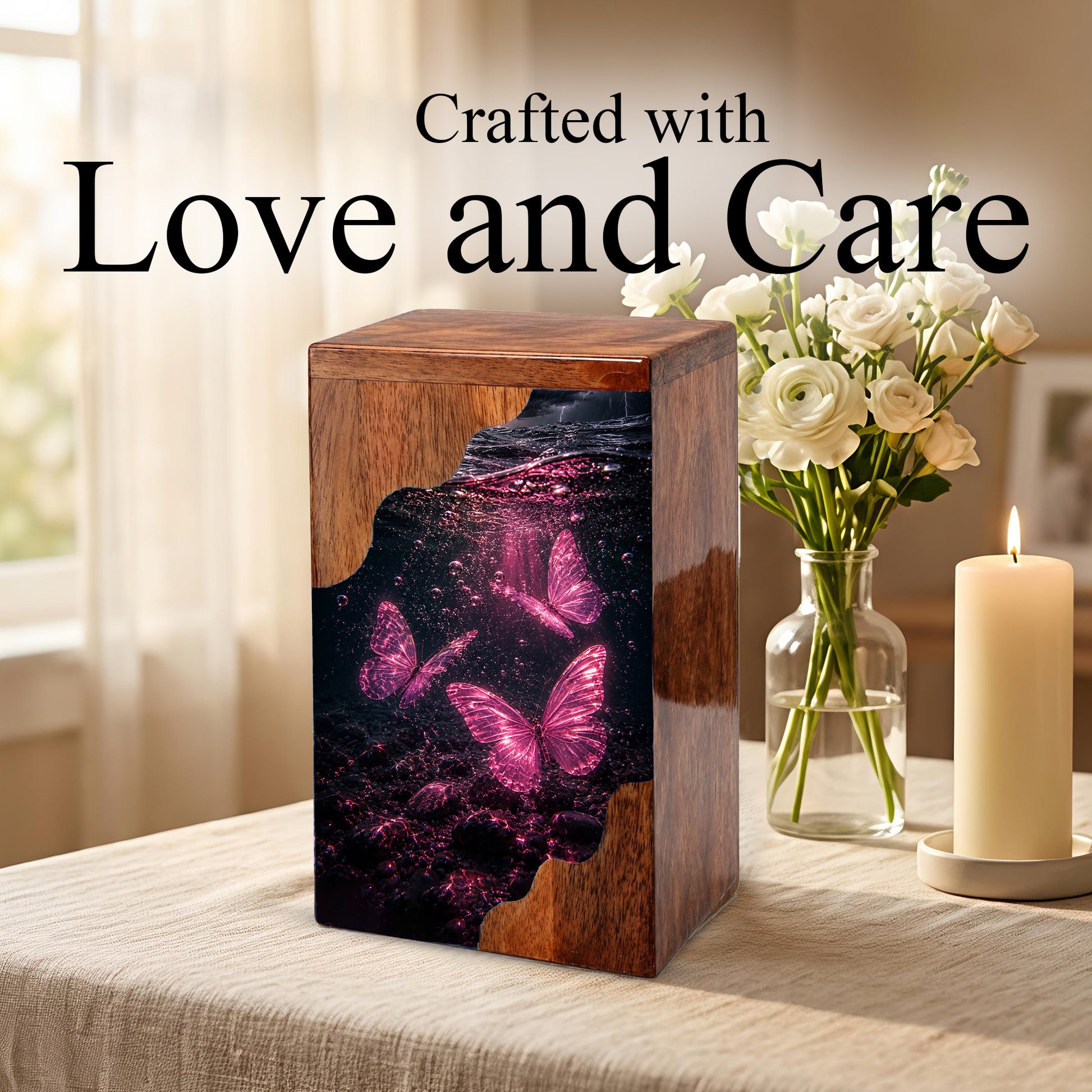 Butterfly Wooden Cremation Urn – Pink Butterfly Memorial Urn for Human Ashes