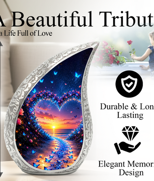 Butterfly Heart Urn for Human Ashes – Beautiful Butterfly Cremation Urn for Ashes, Heart-Shaped Memorial Urn with Butterflies
