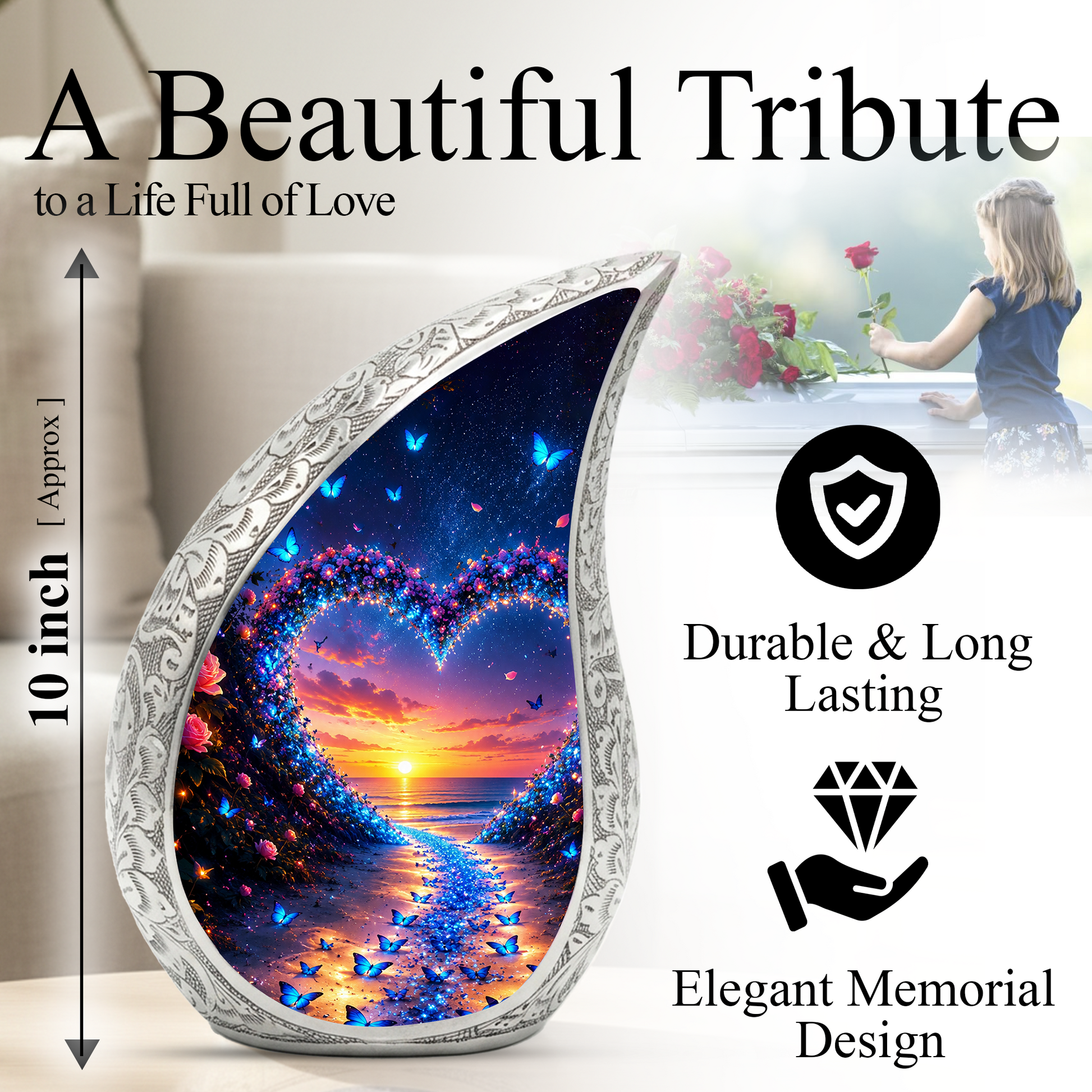 Butterfly Heart Urn for Human Ashes – Beautiful Butterfly Cremation Urn for Ashes, Heart-Shaped Memorial Urn with Butterflies