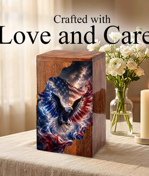 American Eagle Wooden Cremation Urn | Patriotic Veteran Urn for Dad
