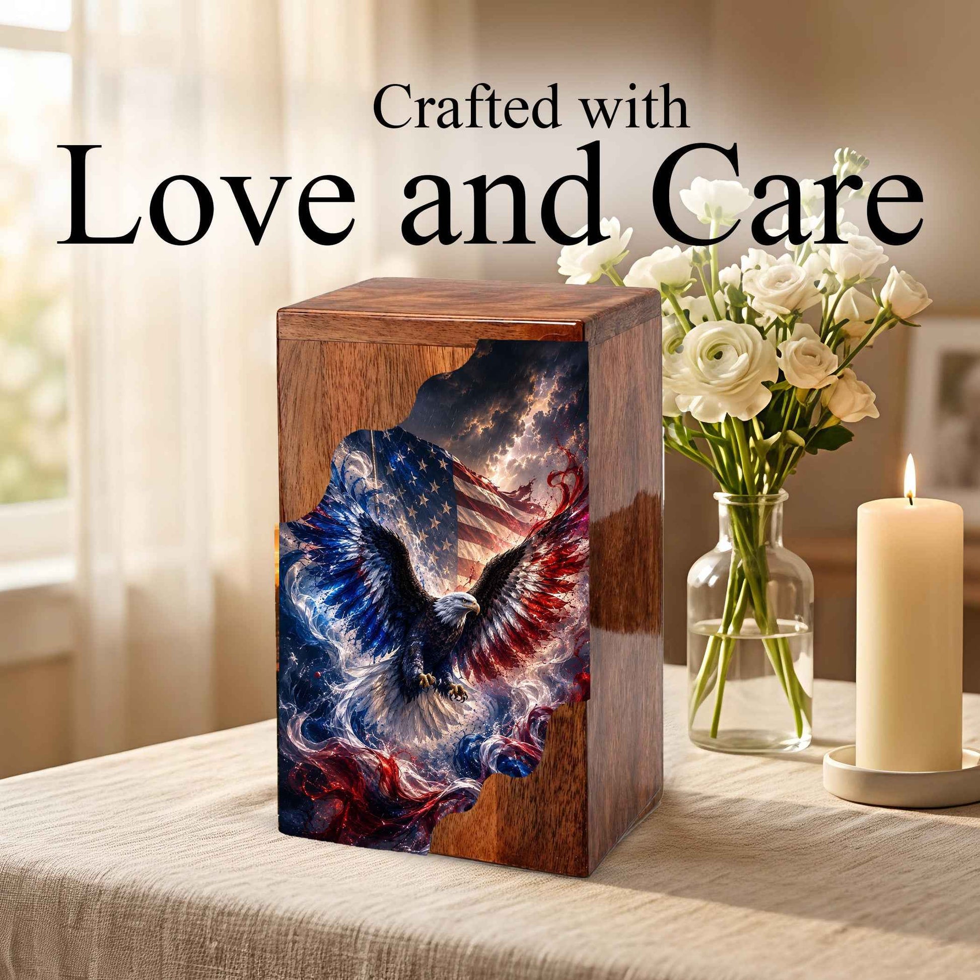 American Eagle Wooden Cremation Urn | Patriotic Veteran Urn for Dad