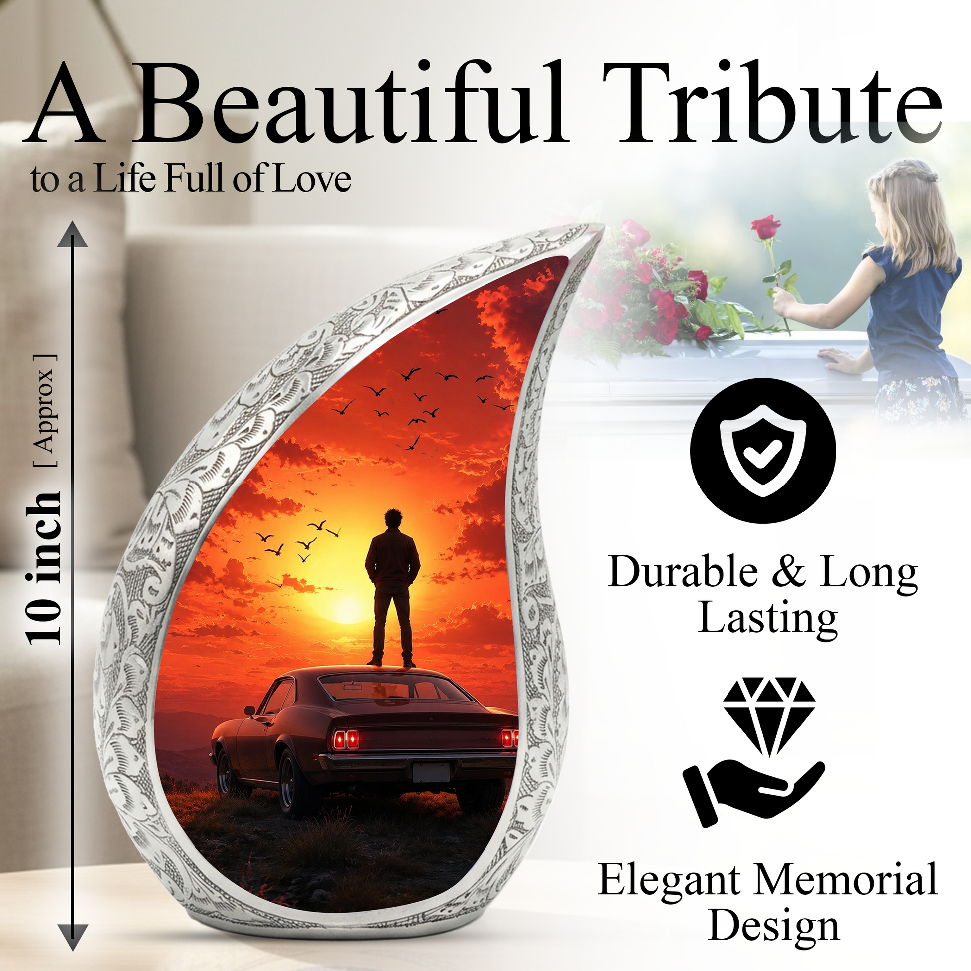 Classic Muscle Car Sunset Urn for Adult Ashes – Vintage Car Memorial Cremation Urn