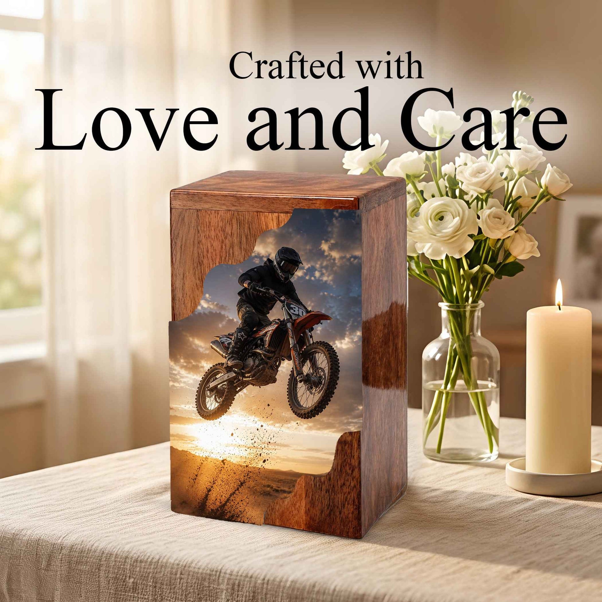 Motocross Cremation Urns for Human Ashes | Personalized Urns for Dad | Wooden Memorial Urn for Men