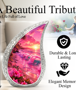 Pink Beach Cremation Urn for Adult Ashes | Beautiful Ocean Wave & Sunset Urn for Mom, Women & Loved Ones