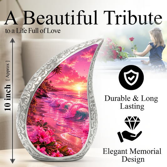 Pink Beach Cremation Urn for Adult Ashes | Beautiful Ocean Wave & Sunset Urn for Mom, Women & Loved Ones