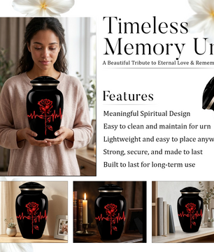 Red Rose Heartbeat Adult Urn for Ashes – Black Adult Cremation Urn, Memorial Urn for Adult Ashes