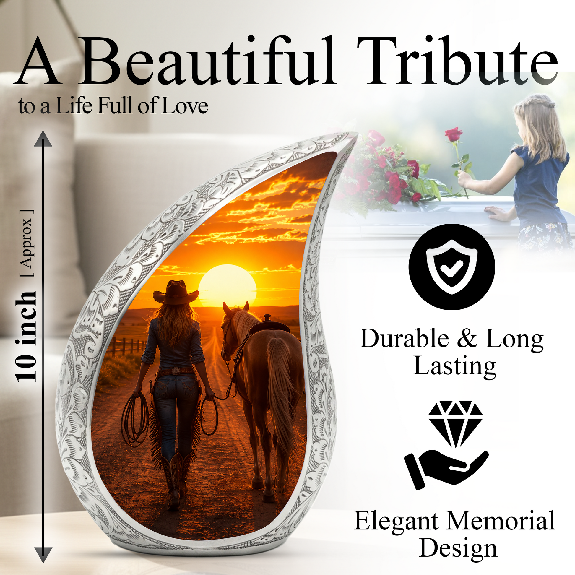 Cowgirl Sunset Urn for Mom – Western Horse Cremation Urn for Human Ashes