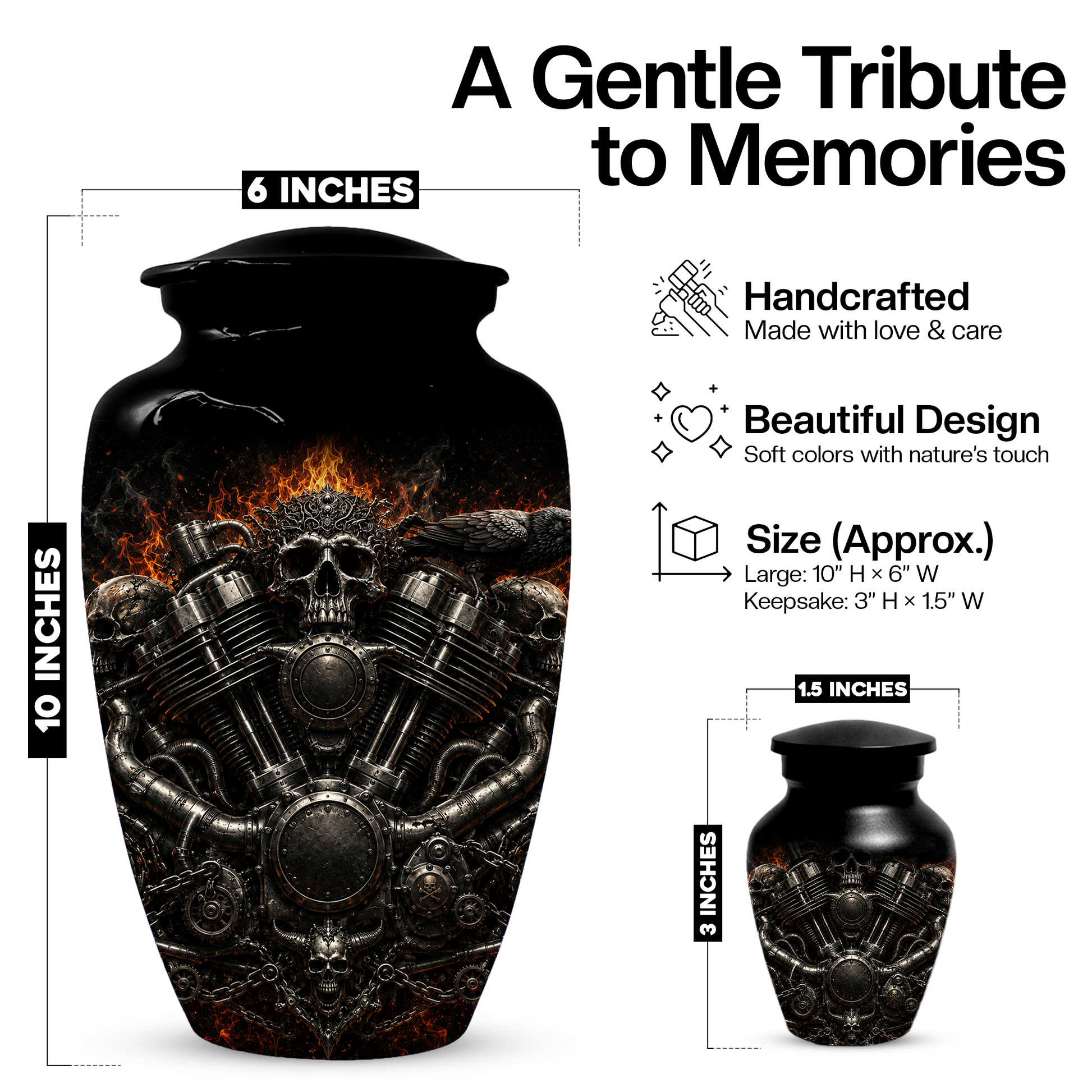 Skull Biker Urn for Ashes -  Personalized Motorcycle Memorial for Dad