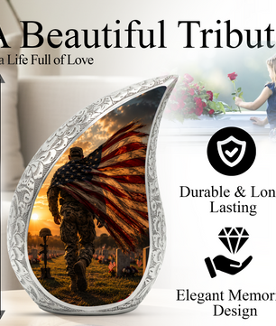 Patriotic Soldier Sunset Urn for Dad | American Flag Military Cremation Urn for Human Ashes