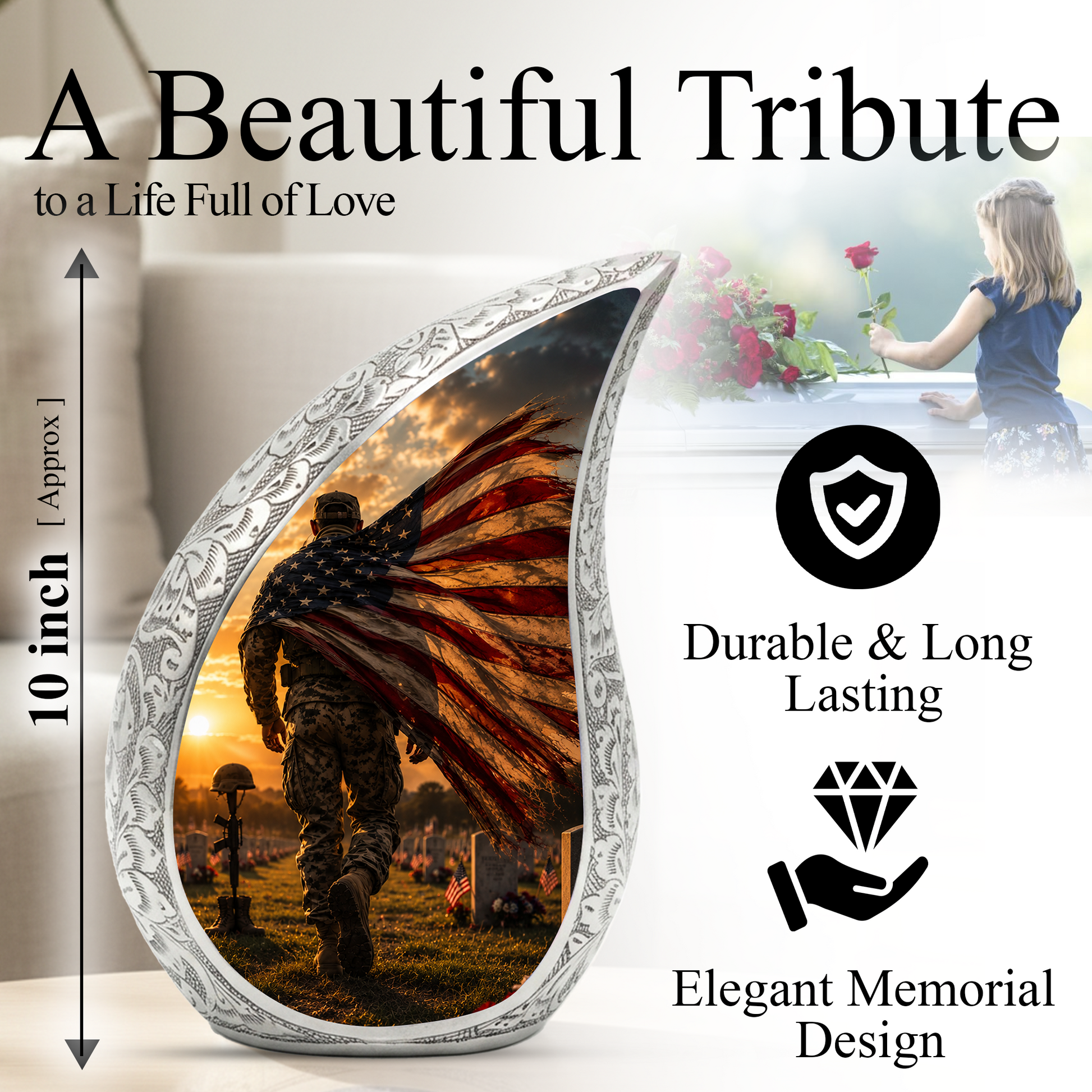 Patriotic Soldier Sunset Urn for Dad | American Flag Military Cremation Urn for Human Ashes