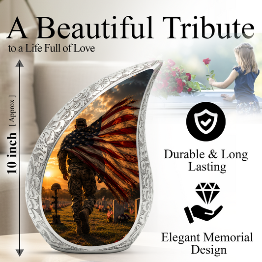 Patriotic Soldier Sunset Urn for Dad | American Flag Military Cremation Urn for Human Ashes
