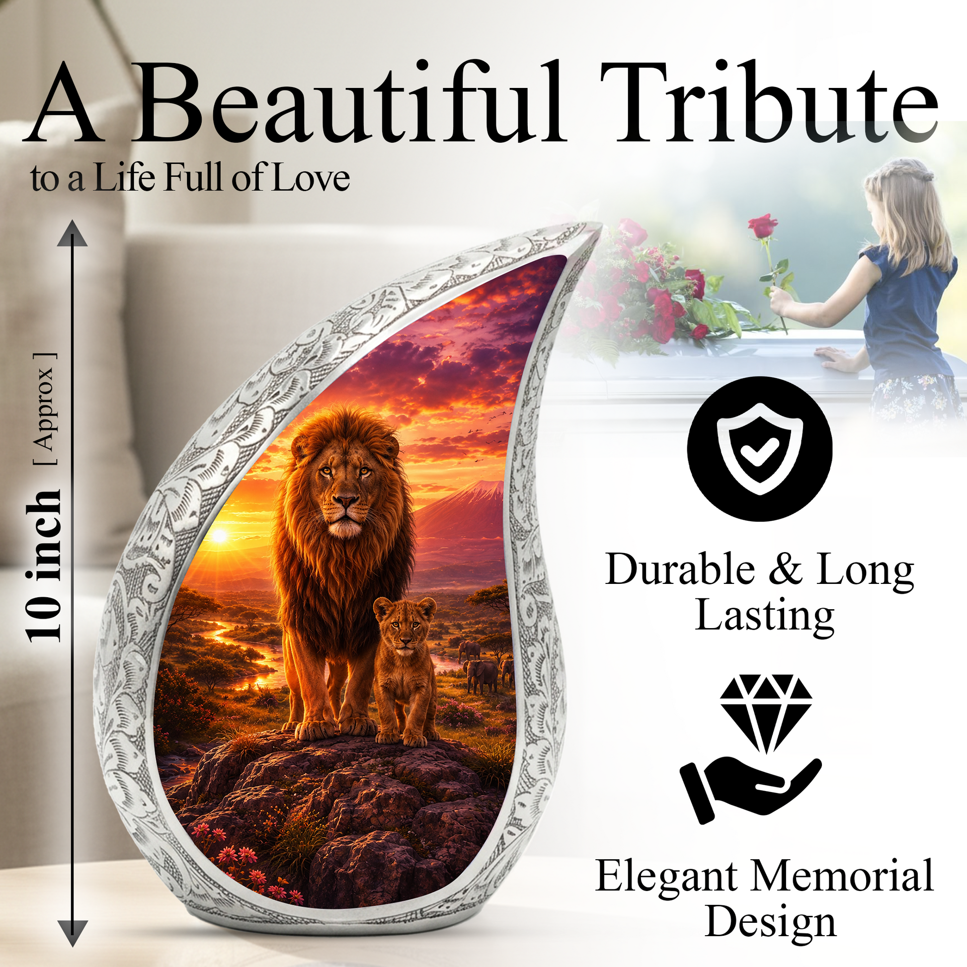 Lion Sunset Urn for Human Ashes | Adult Cremation Urn for Ashes