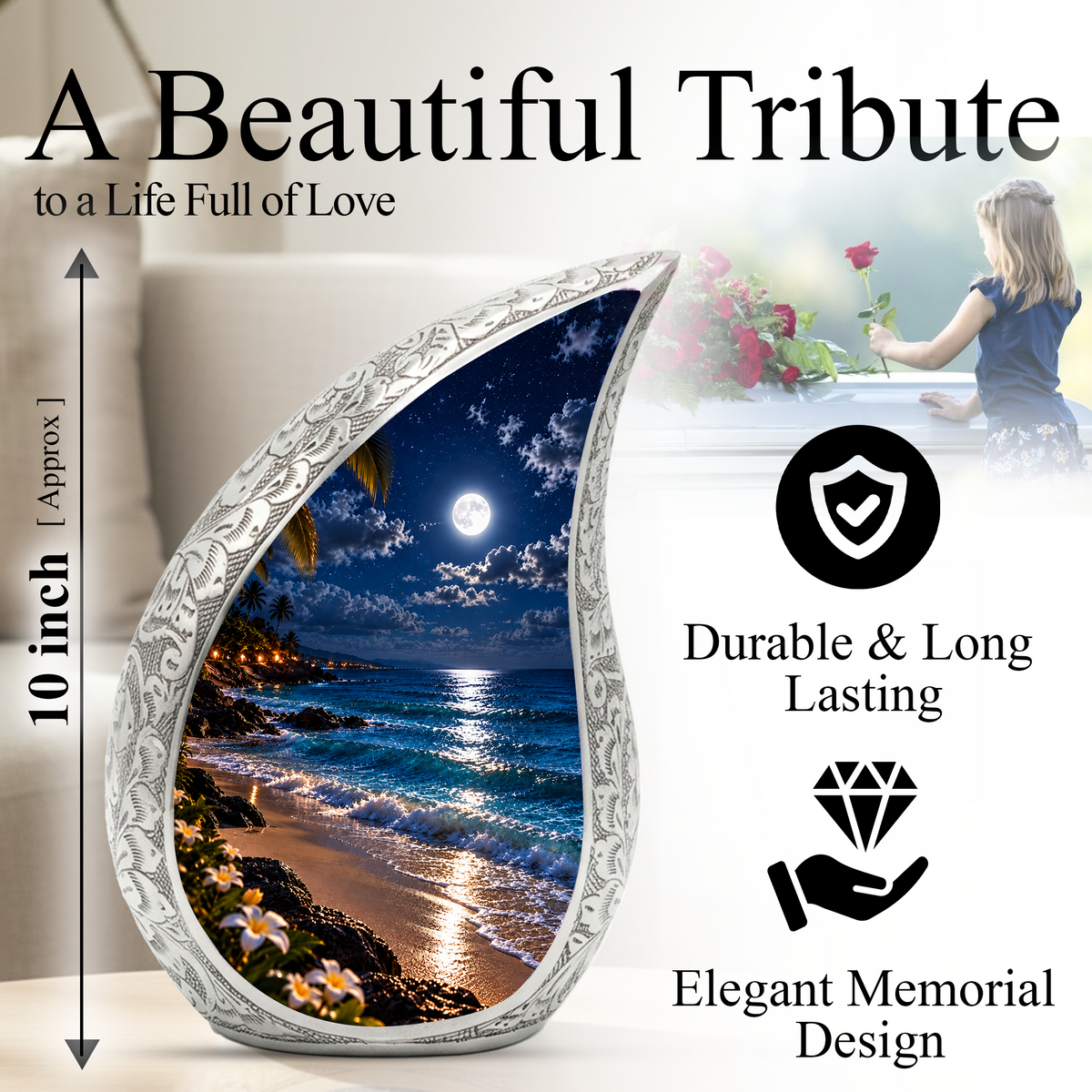 Moonlit Beach Cremation Urn for Ashes, Personalized Ocean Adult Urn