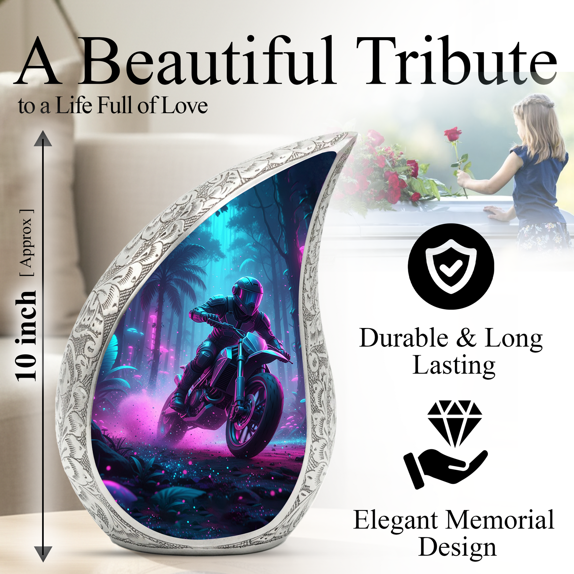 Motorcycle Personalized Cremation Urn for Dad – Teardrop Style Aluminum Memorial Urn, 10 Inch |