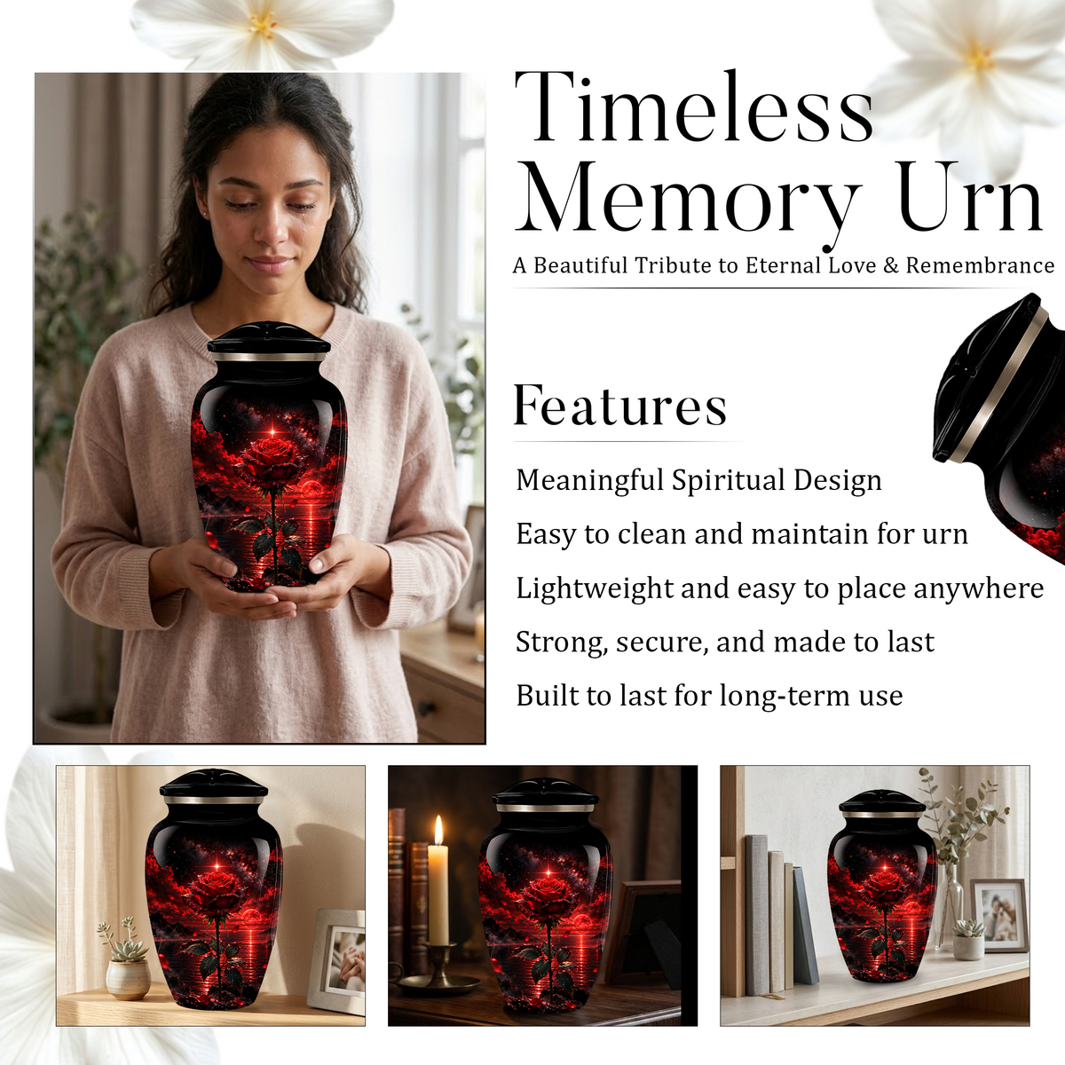 Red Rose Cremation Urn – Romantic Memorial Adult Urn for Ashes with Sunset Design