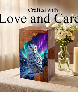 Snowy Owl Wooden Cremation Urn – Aurora Memorial Urn | Wooden Urn for Human Ashes