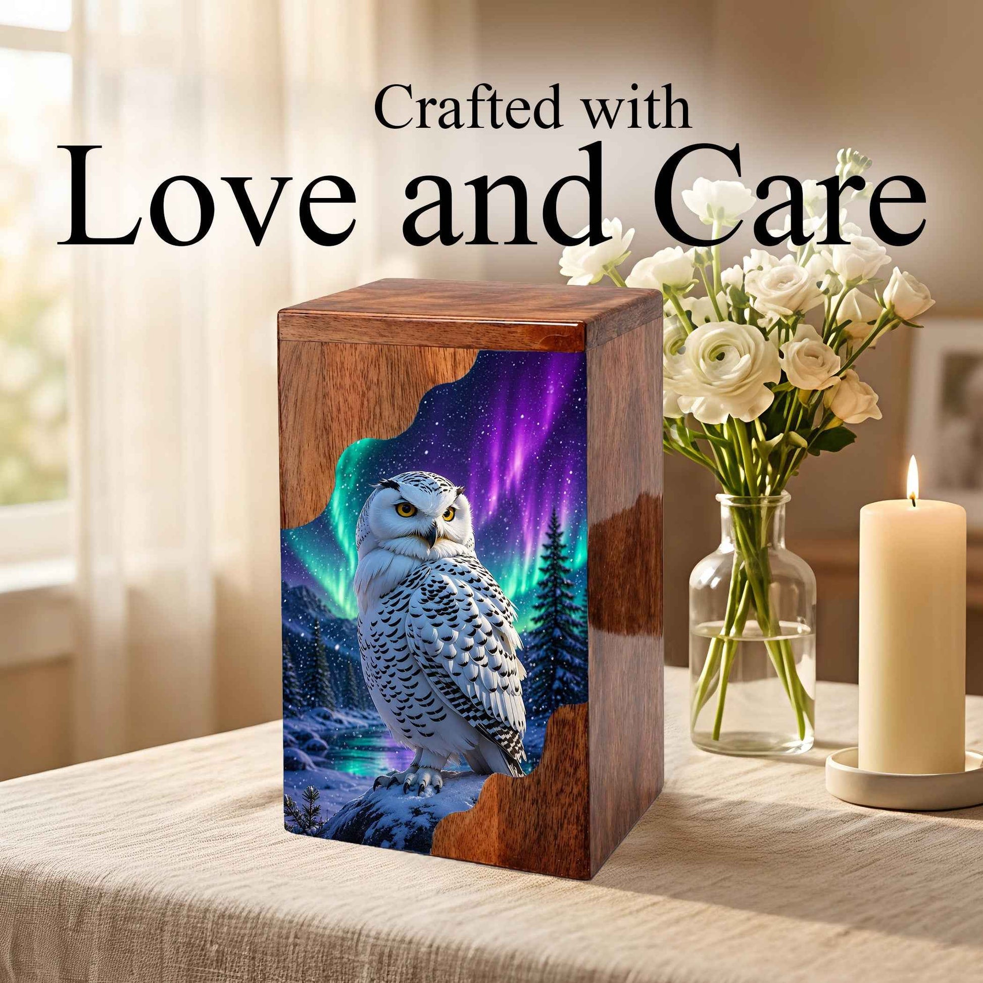 Snowy Owl Wooden Cremation Urn – Aurora Memorial Urn | Wooden Urn for Human Ashes