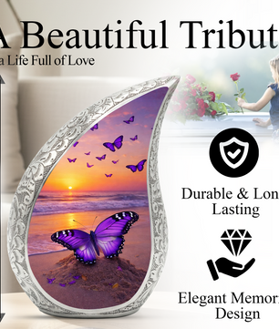 Butterfly Sunset Personalized Cremation Urn – Teardrop Style Aluminum Memorial Urn, 10 Inch