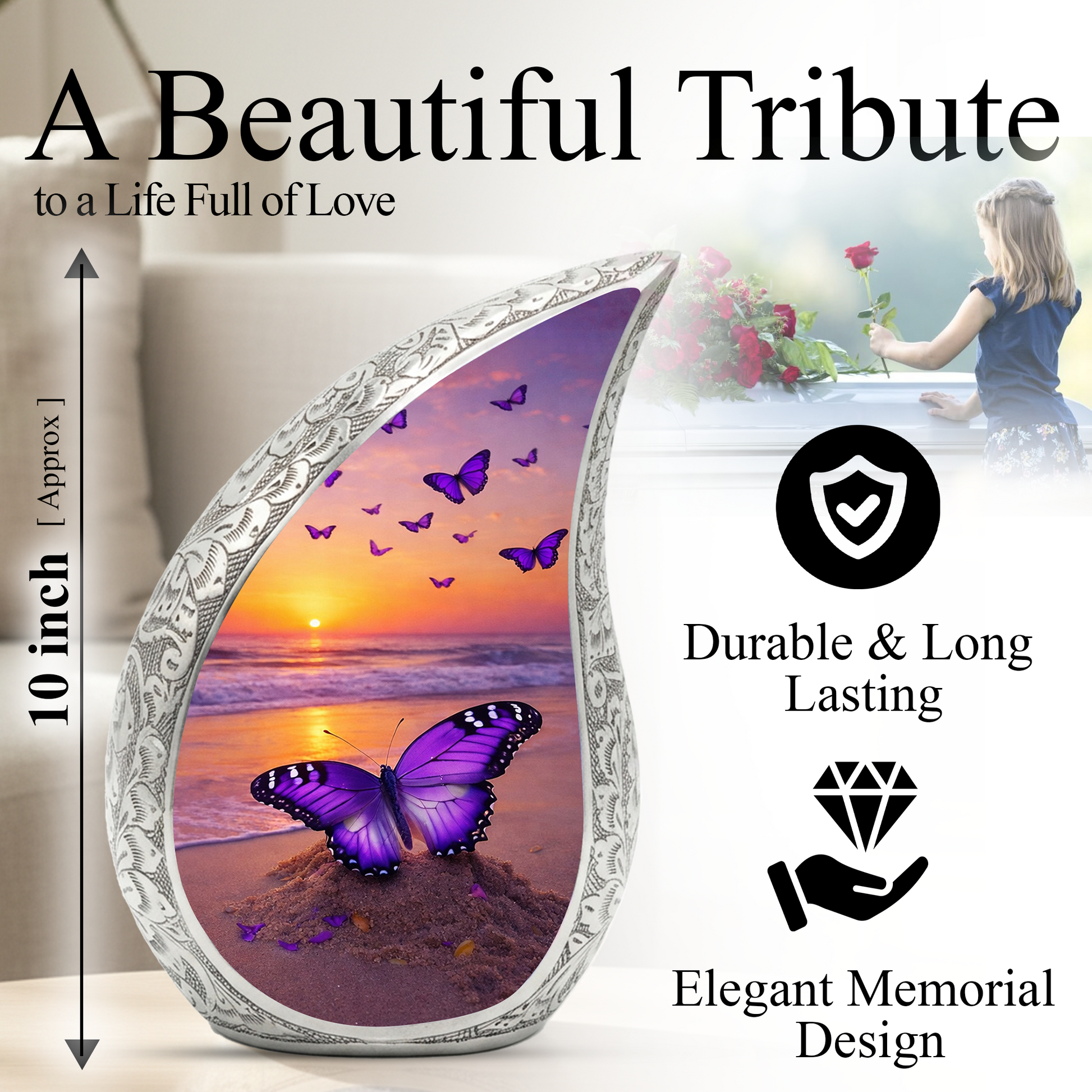Butterfly Sunset Personalized Cremation Urn – Teardrop Style Aluminum Memorial Urn, 10 Inch