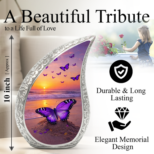 Butterfly Sunset Personalized Cremation Urn – Teardrop Style Aluminum Memorial Urn, 10 Inch