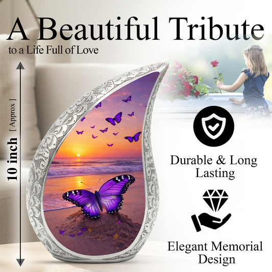 Butterfly Sunset Personalized Cremation Urn – Teardrop Style Aluminum Memorial Urn, 10 Inch