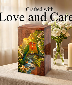 Lovebirds Wooden Cremation Urn – Memorial Urn for Human Ashes