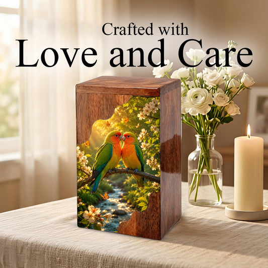 Lovebirds Wooden Cremation Urn – Memorial Urn for Human Ashes