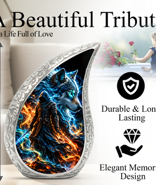 Wolf Warrior Cremation Urn for Ashes, Blue Wolf keepsake Adult Urn