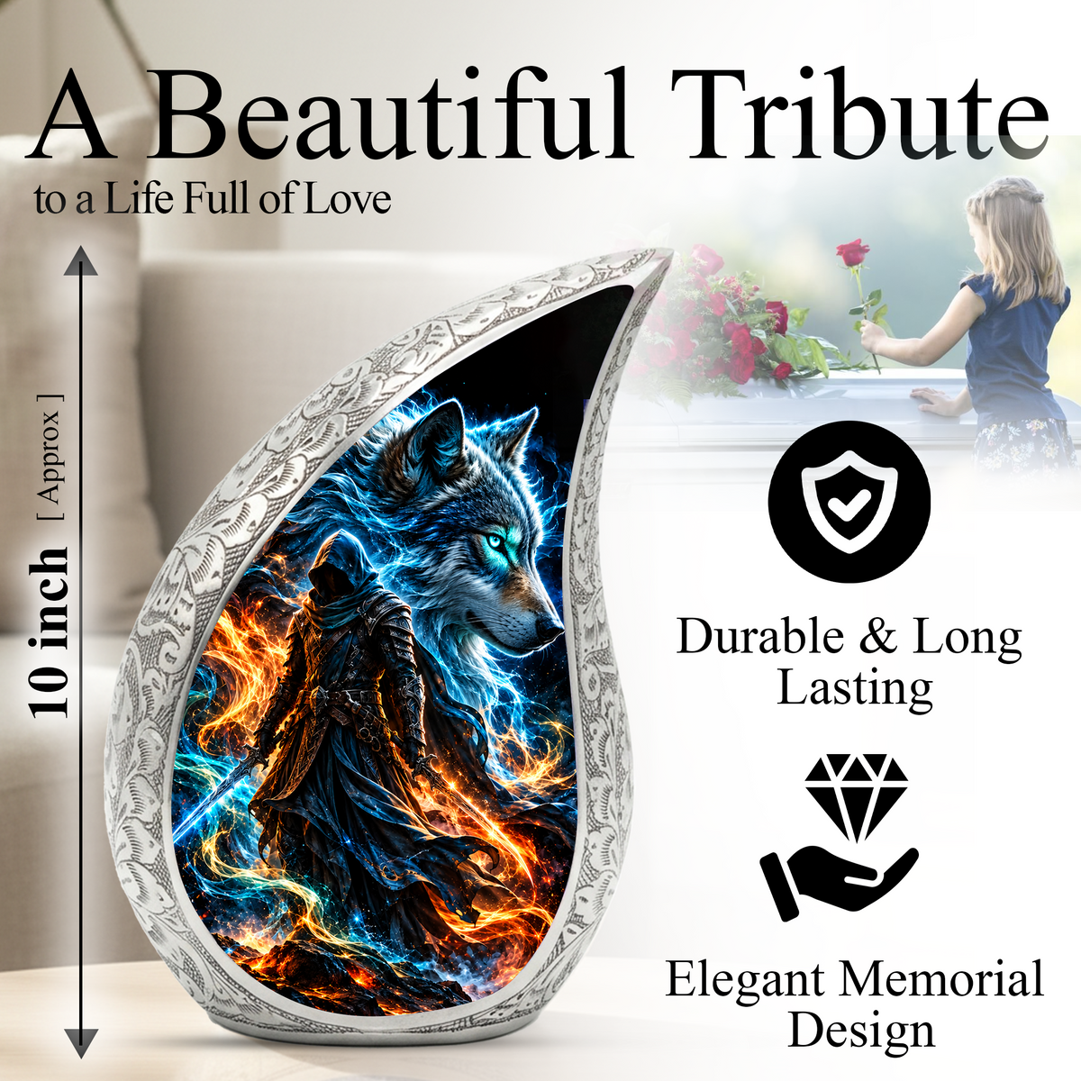 Wolf Warrior Cremation Urn for Ashes, Blue Wolf keepsake Adult Urn