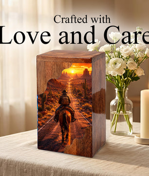Cowboy Wooden Cremation Urn – Western Memorial Urn for Human Ashes