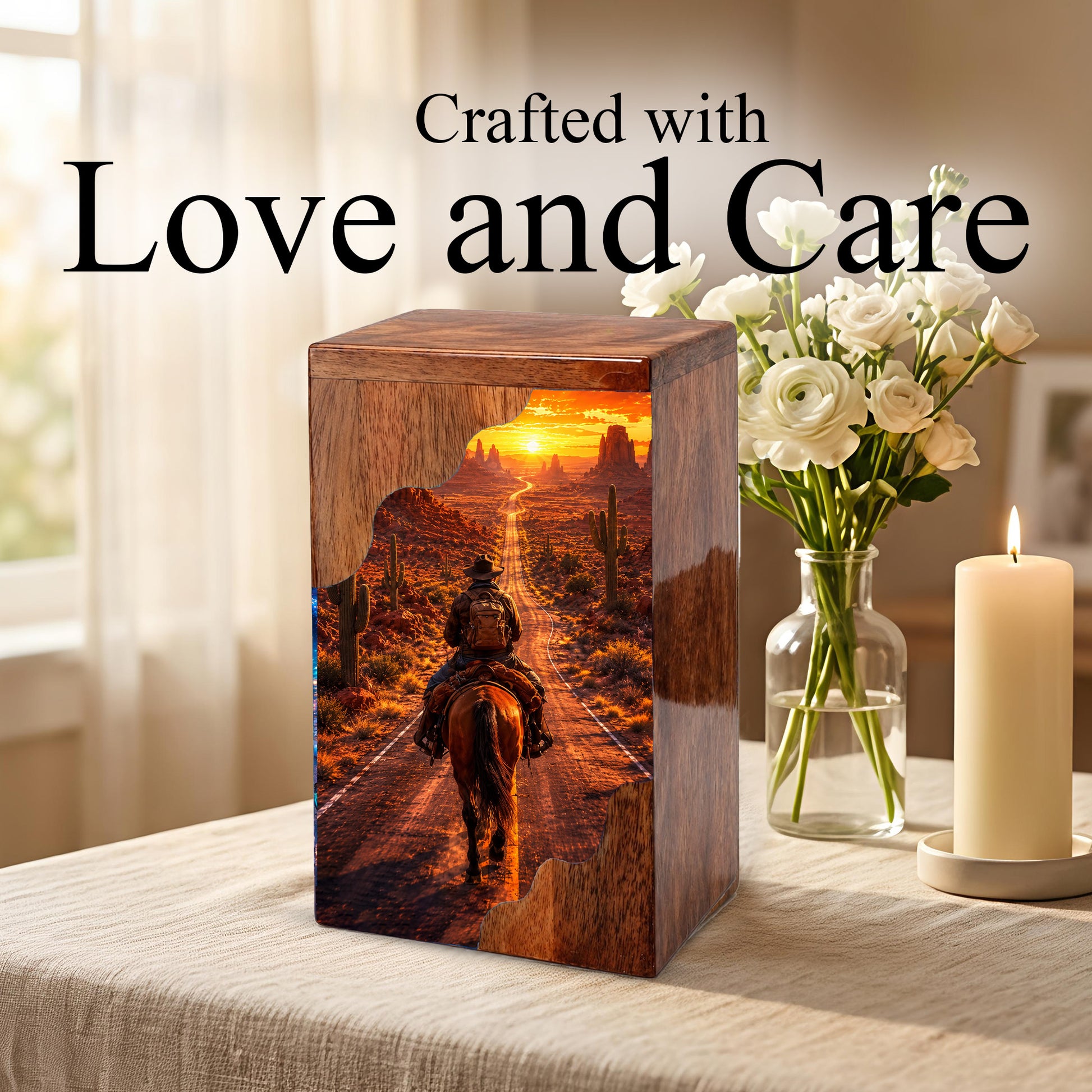 Cowboy Wooden Cremation Urn – Western Memorial Urn for Human Ashes
