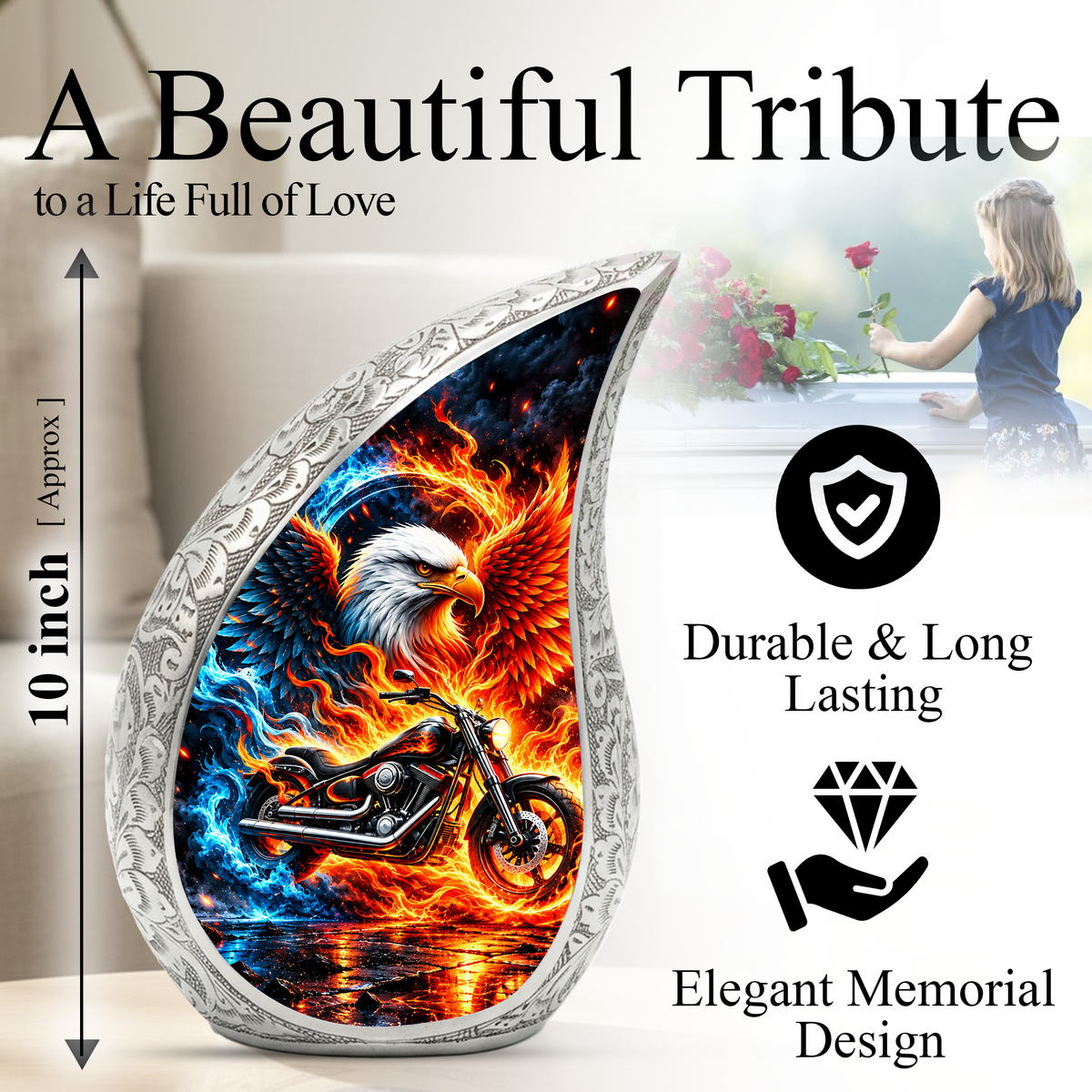 Motorcycle Cremation Urn for Ashes, Eagle Fire Memorial Urn