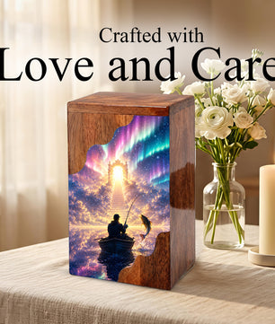 Northern Lights Fishing Wooden Cremation Urn – Personalized Memorial Urn for Human Ashes