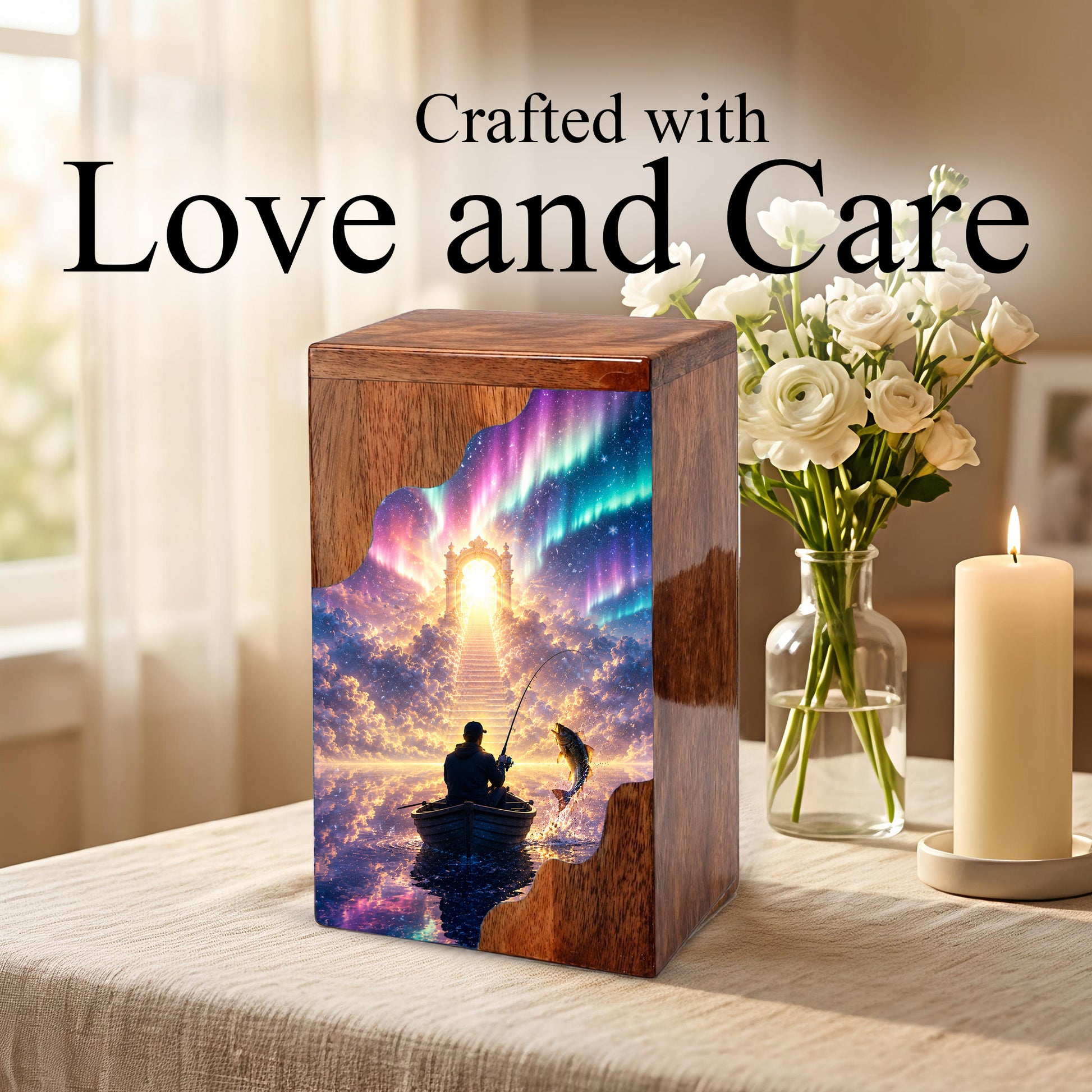 Northern Lights Fishing Wooden Cremation Urn – Personalized Memorial Urn for Human Ashes