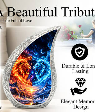 Twin Lions Cremation Urn for Ashes, Personalized Adult Memorial Urn, Wildlife Design