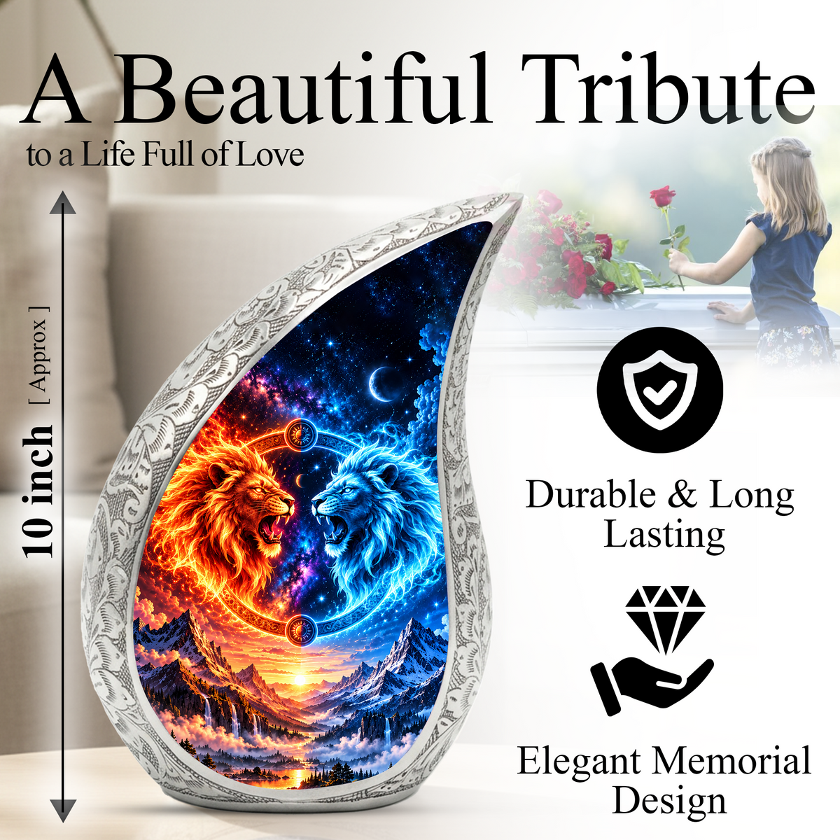Twin Lions Cremation Urn for Ashes, Personalized Adult Memorial Urn, Wildlife Design