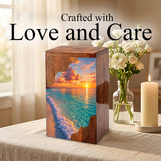 Sunset Beach Wooden Cremation Urn – Personalized Memorial Urn for Human Ashes |
