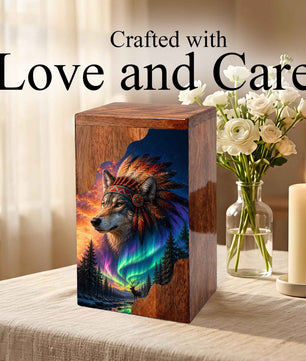 Wolf Wooden Cremation Urn – Northern Lights Memorial Urn
