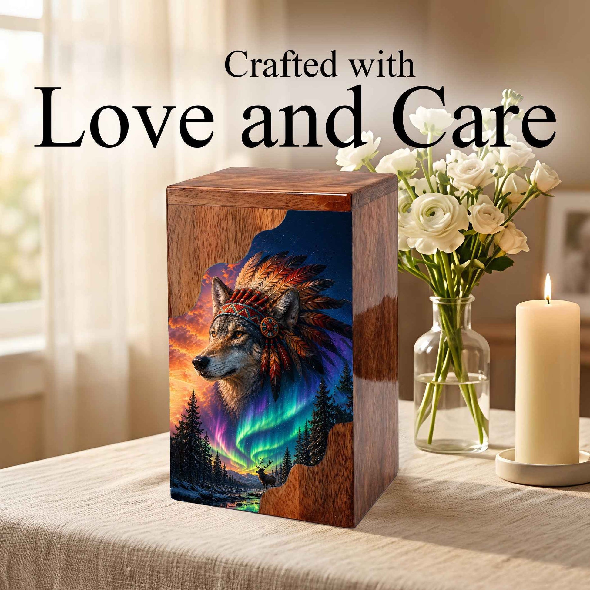 Wolf Wooden Cremation Urn – Northern Lights Memorial Urn