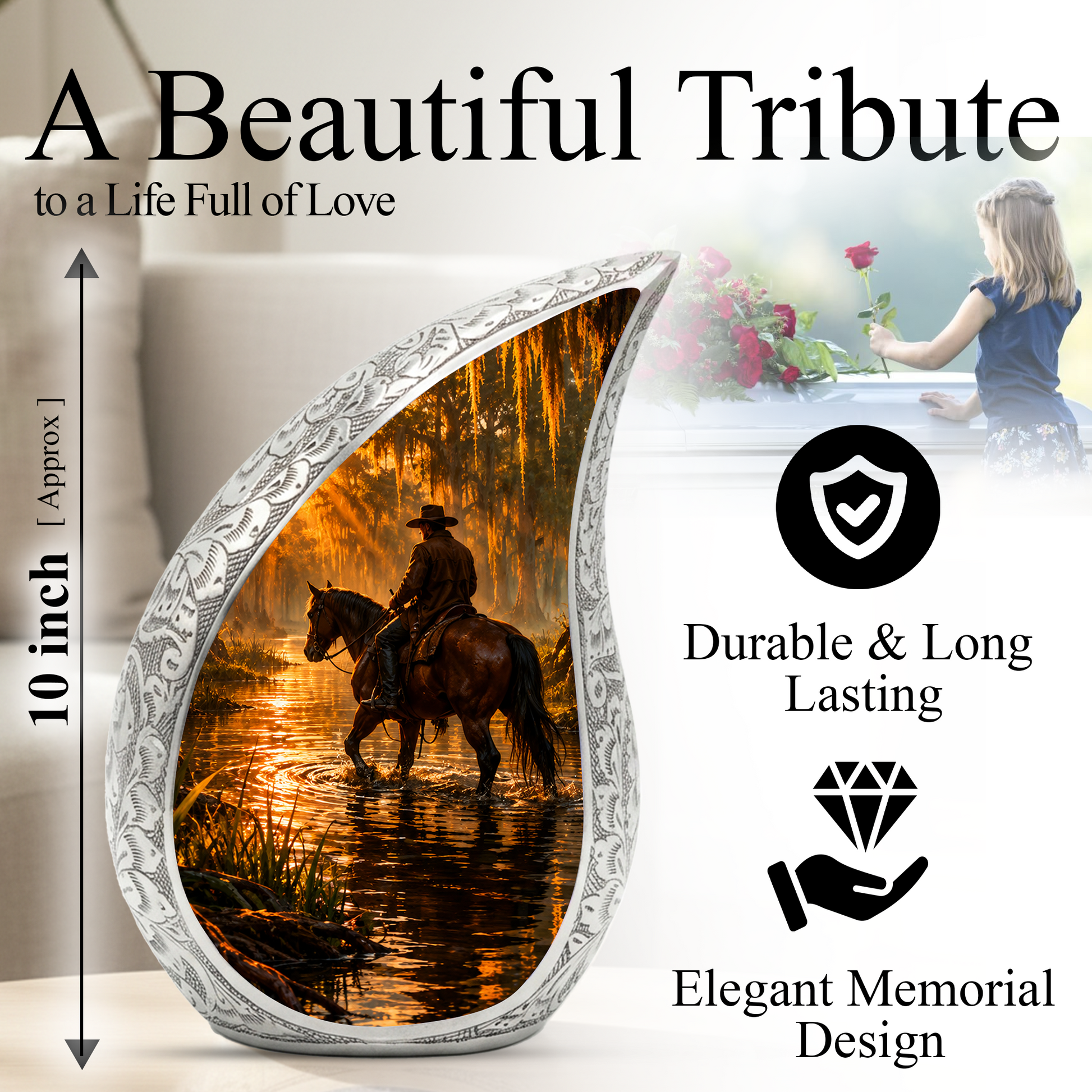 Cowboy with Horse Urn for Dad | Western Horse Cremation Urn for Adult Male Ashes