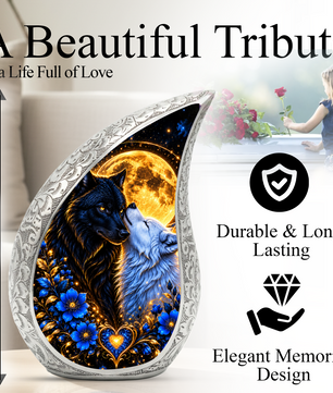 Wolf Couple Cremation Urn for Ashes, Personalized Adult Urn, Black and White Wolf Memorial Urn