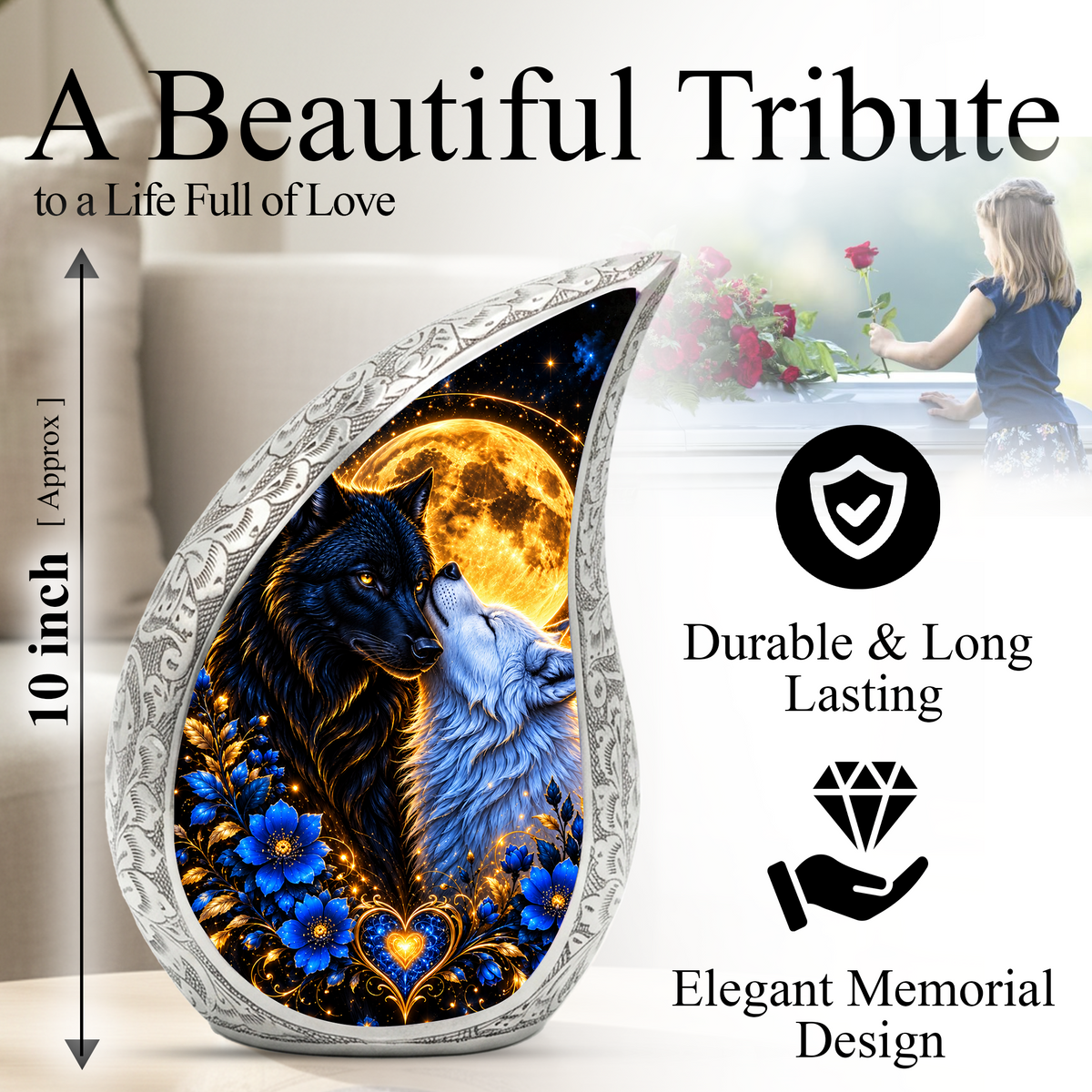 Wolf Couple Cremation Urn for Ashes, Personalized Adult Urn, Black and White Wolf Memorial Urn