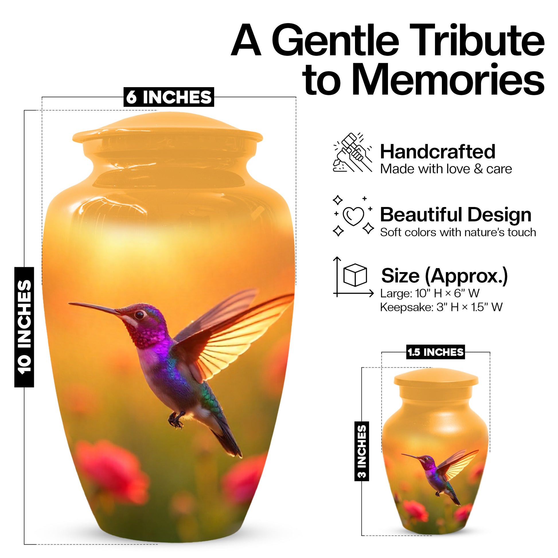 Golden Hummingbird Sunset Adult Urn for Human Ashes | Elegant Adult Cremation Urn