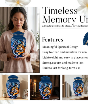 Blue Dragon and Tiger Cremation Urn for Adult Ashes, Fantasy Animal Memorial Urn