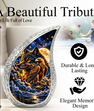 Wolf and Eagle Cremation Urn for Ashes, Wildlife Adult Memorial Urn, Celestial Animal Design