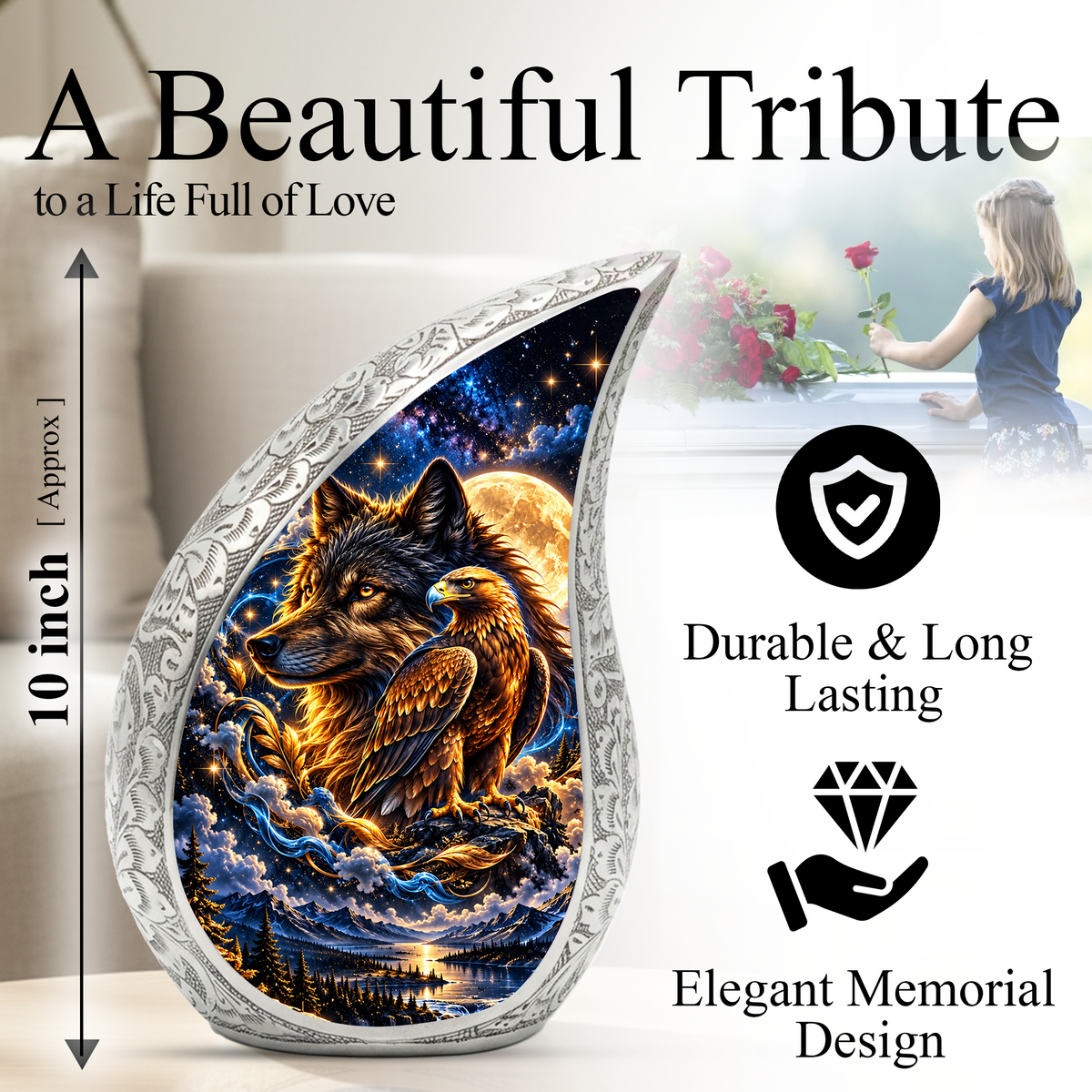 Wolf and Eagle Cremation Urn for Ashes, Wildlife Adult Memorial Urn, Celestial Animal Design