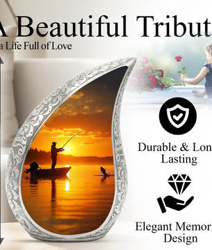 Fishing Personalized Cremation Urn for Dad – Teardrop Style Aluminum Memorial Urn, 10 Inch