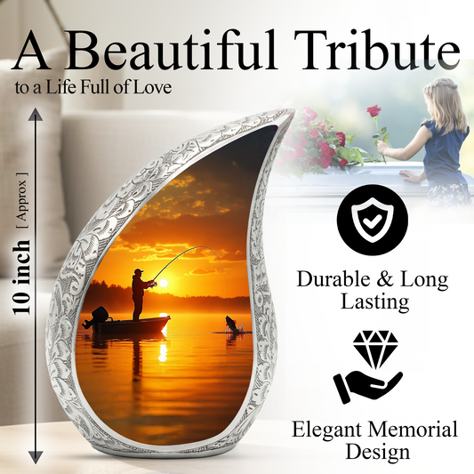 Fishing Personalized Cremation Urn for Dad – Teardrop Style Aluminum Memorial Urn, 10 Inch