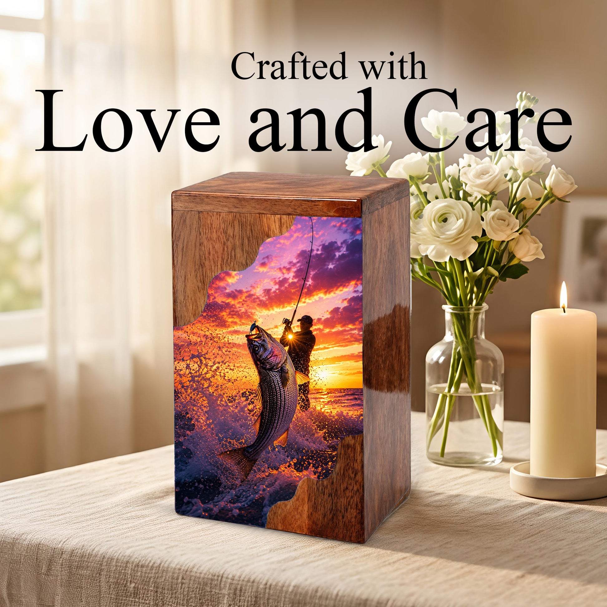 Fishing Wooden Cremation Urn – Gone Fishing Memorial Urn for Human Ashes